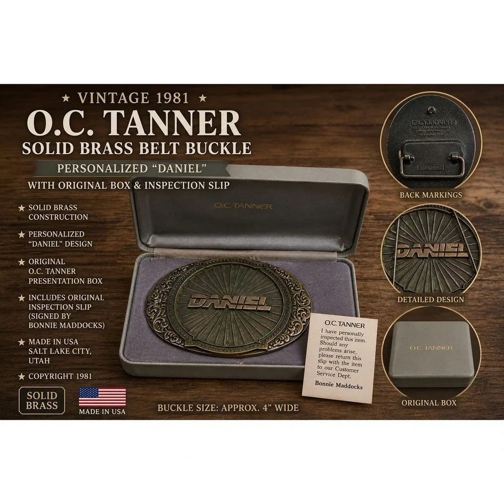 Vintage 1981 OC Tanner Solid Brass Belt Buckle Daniel Personalized Boxed USA